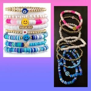 Preppy Heishi Bracelets Set Colorful White Gold Smile Heart Star Evil Eye Beaded